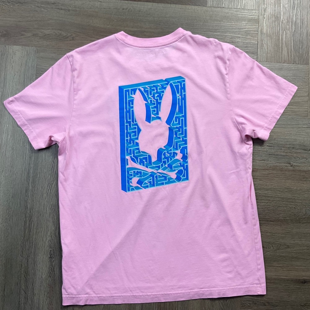 Psycho Bunny Pima Cotton Maze Graphic Tennis T-Shirt Tee Mens 6 Large Pink Blue
